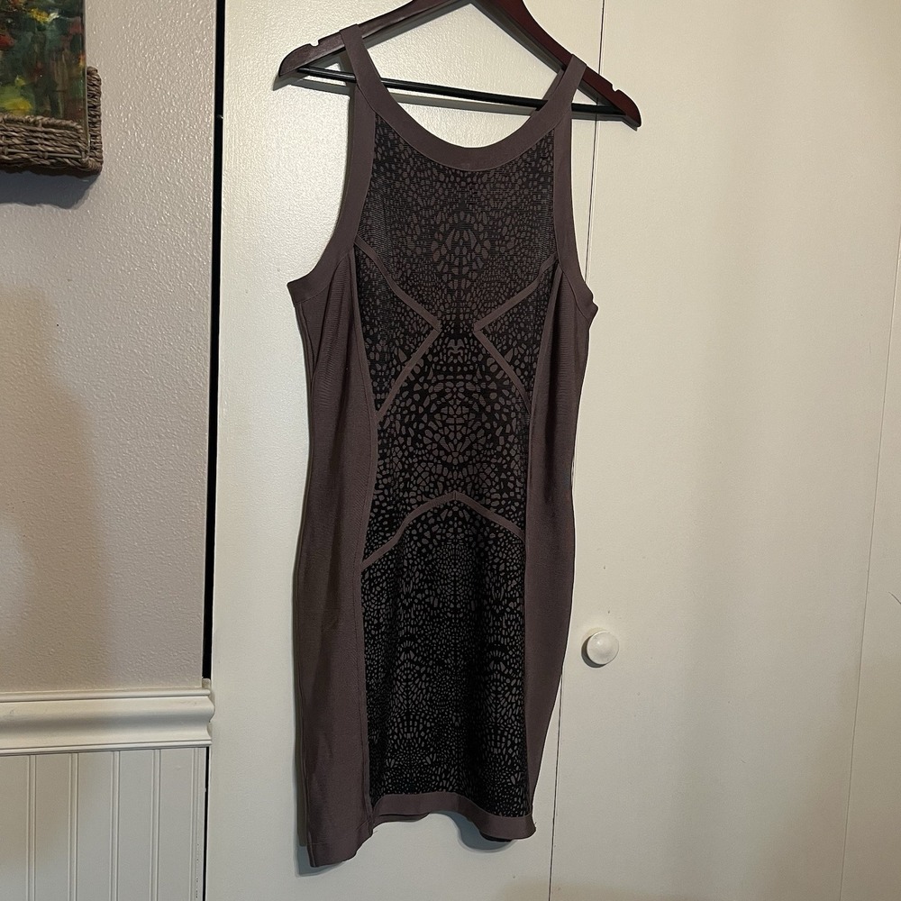 Bebe Serbian Storm Taupe Black Ribbed Knit Sleeveless Bodycon Bandage Dress XL